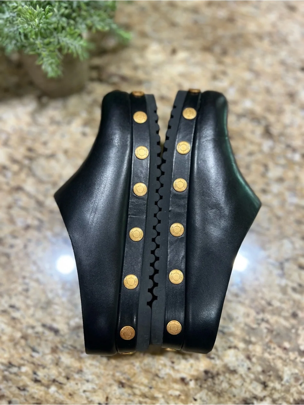 Tory Burch Black Leather Platform Mules with Gold Coins 6M